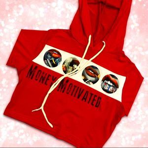 Red Ikonic “Money Motivated” hooded short sleeve crop top